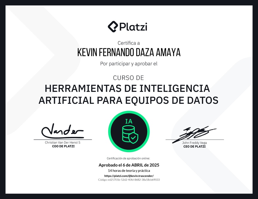 Diploma del Curso de Herramientas de Inteligencia Artificial para Equipos de Datos