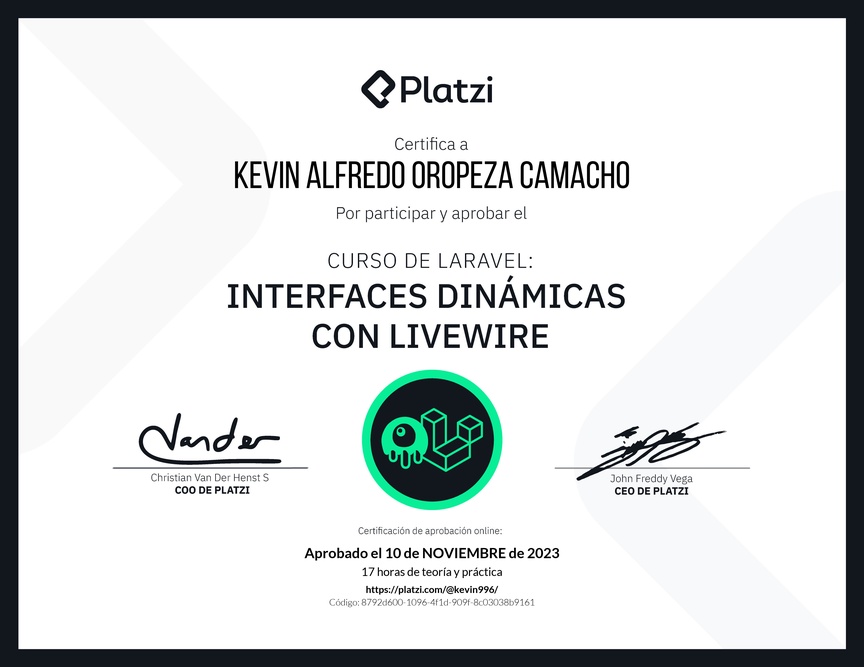Diploma del Curso de Interfaces Dinámicas con Laravel Livewire
