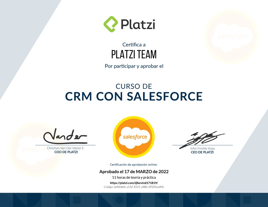 Diploma del Curso de CRM con Salesforce