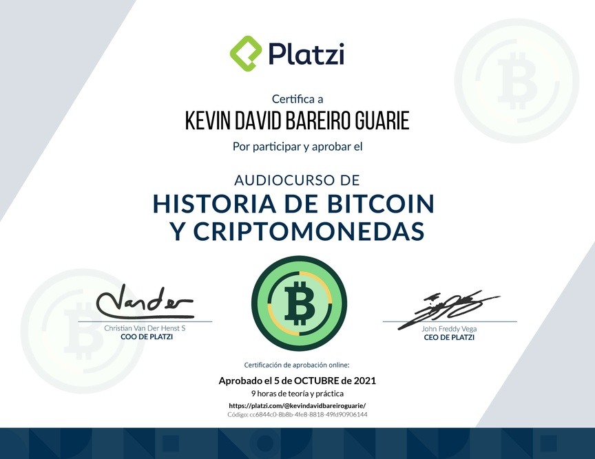 Diploma de Audiocurso de Historia de Bitcoin y Criptomonedas