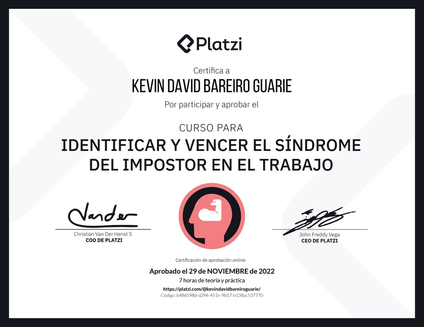 Diploma del Curso para Identificar y Vencer el Síndrome del Impostor