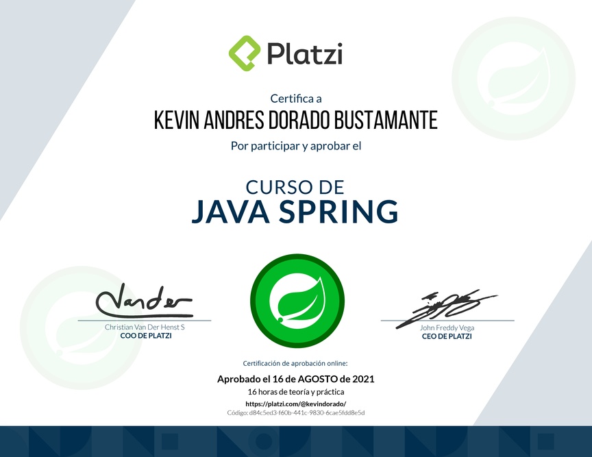 Diploma del Curso de Java Spring