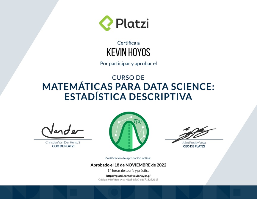 Diploma del Curso de Matemáticas para Data Science: Estadística Descriptiva