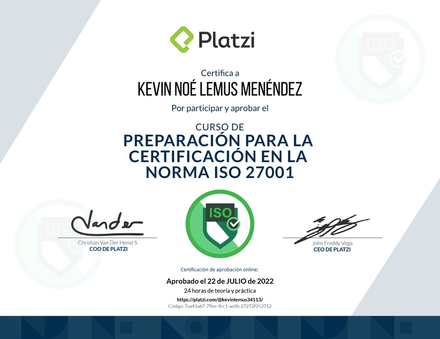 Diploma del Curso de Preparación para la Certificación en la Norma ISO 27001 (2020)