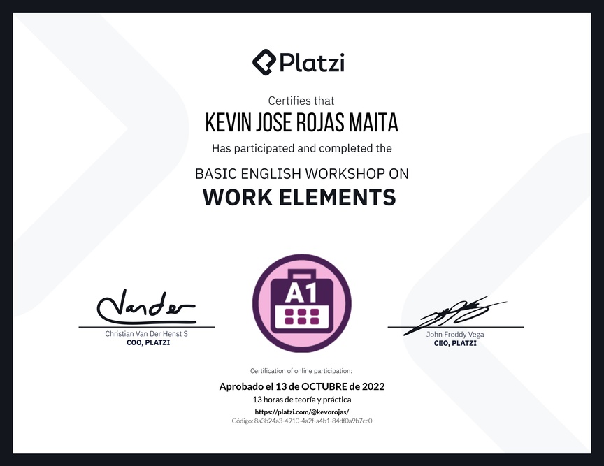 Diploma del Curso de Inglés Práctico sobre Elementos de Trabajo