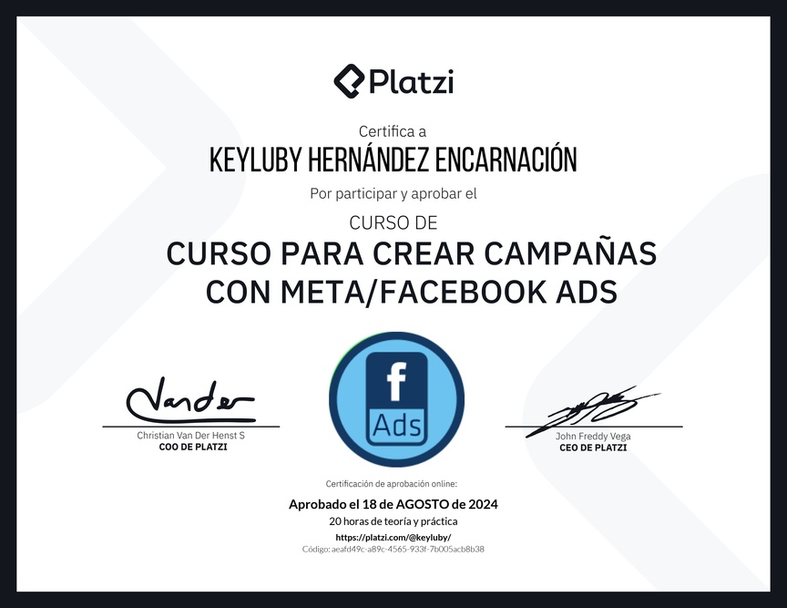 Diploma del Curso para Crear Campañas con Meta/Facebook Ads