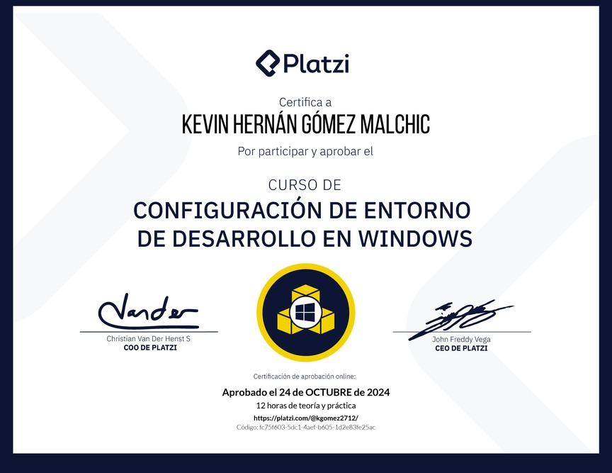 Diploma del Curso de Configuración de Entorno de Desarrollo en Windows