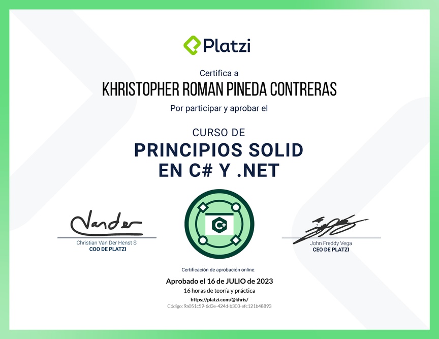 Diploma del Curso de Principios SOLID en C# y .NET