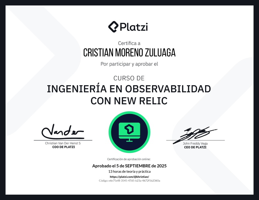 Diploma del Curso de Ingeniería en Observabilidad con New Relic