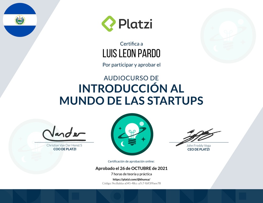Diploma de Audiocurso de Introducción al Mundo de las Startups