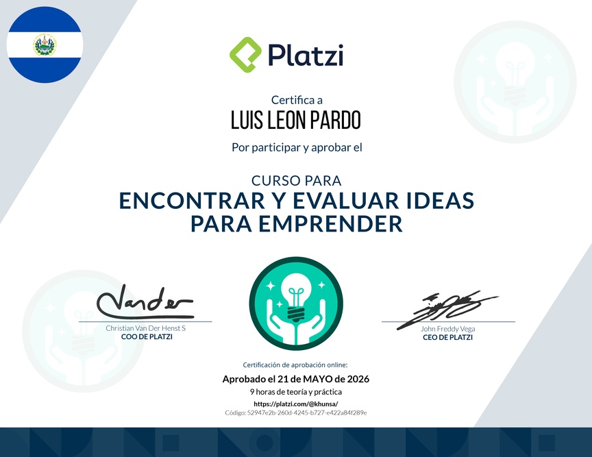 Diploma del Curso para Encontrar y Evaluar Ideas para Emprender