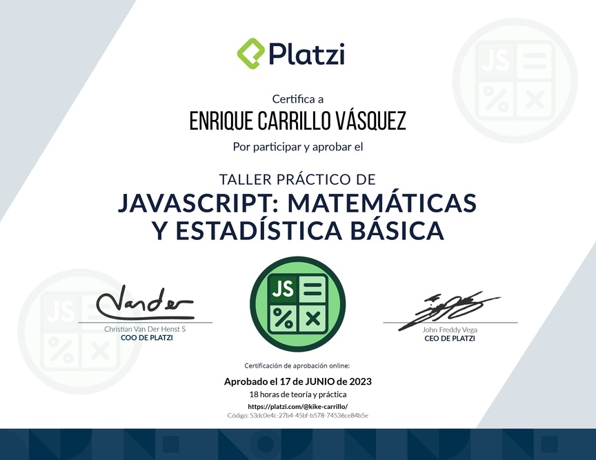 Diploma de Taller Práctico de JavaScript: Matemáticas y Estadística Básica