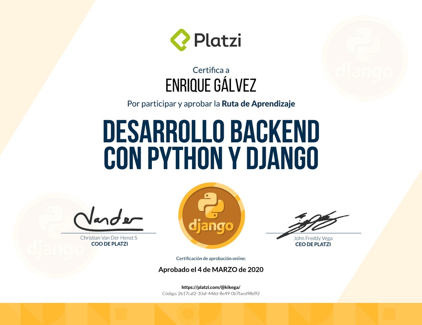 Diploma de la Ruta de Aprendizaje de Desarrollo Backend con Python y Django