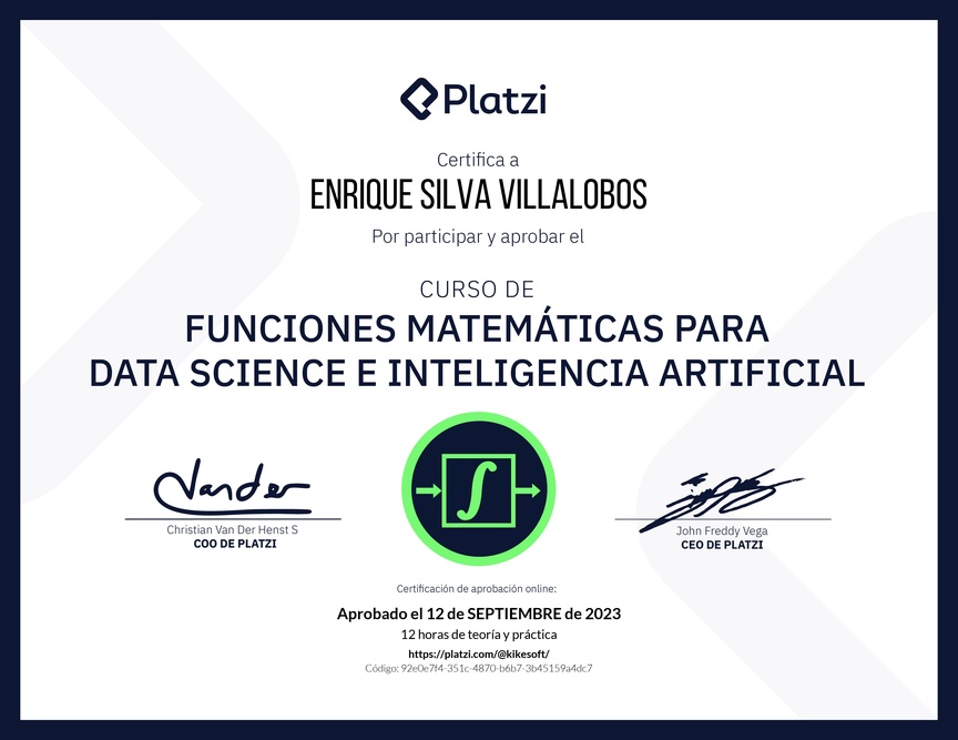 Diploma del Curso de Funciones Matemáticas para Data Science e Inteligencia Artificial