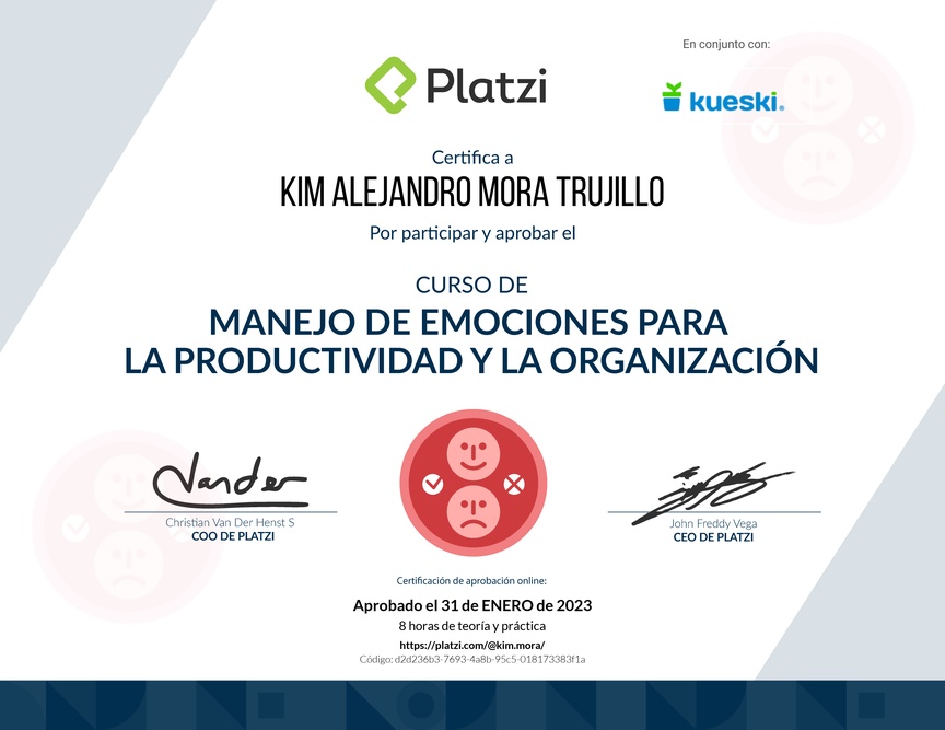 Diploma del Curso de Manejo de Emociones para la Productividad y la Organización