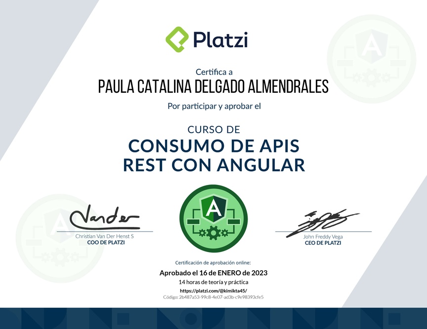 Diploma del Curso de Consumo de APIs REST con Angular