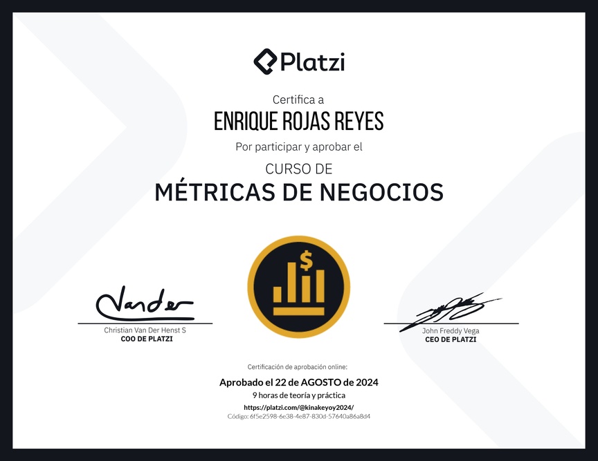 Diploma del Curso de Métricas Esenciales de Negocio