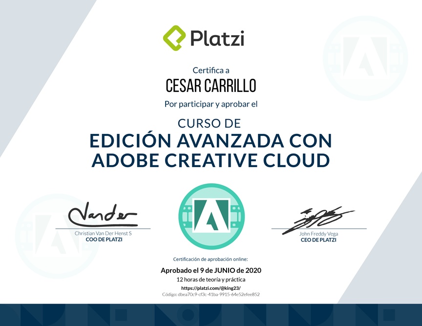 Diploma del Curso de Edición Avanzada con Adobe Creative Cloud 2018