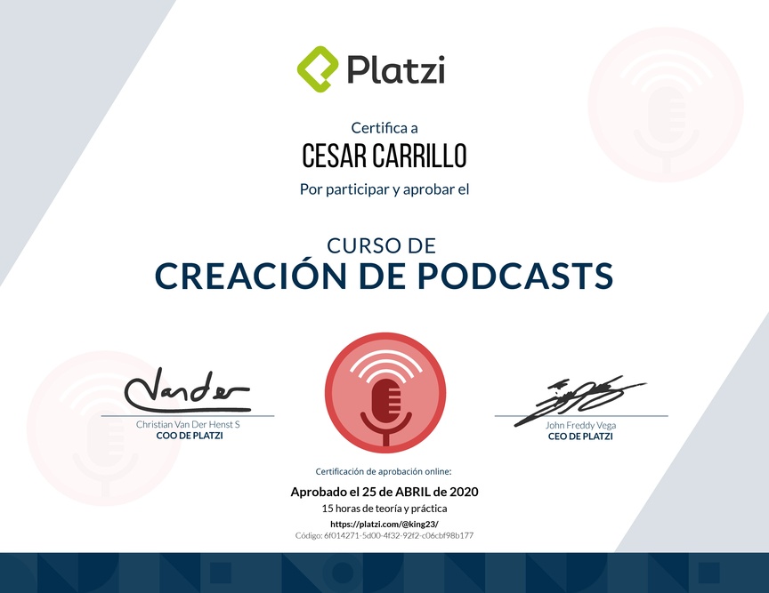 Diploma del Curso de Creación de Podcasts 2018