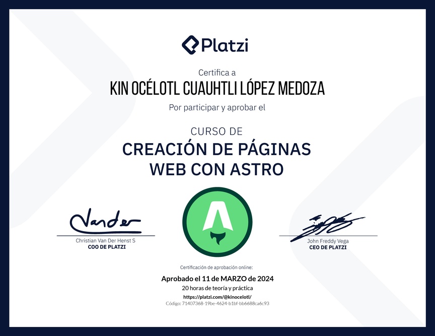 Diploma del Curso de Creación de Páginas Web con Astro