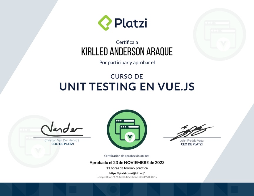 Diploma del Curso de Unit Testing en Vue.js 3