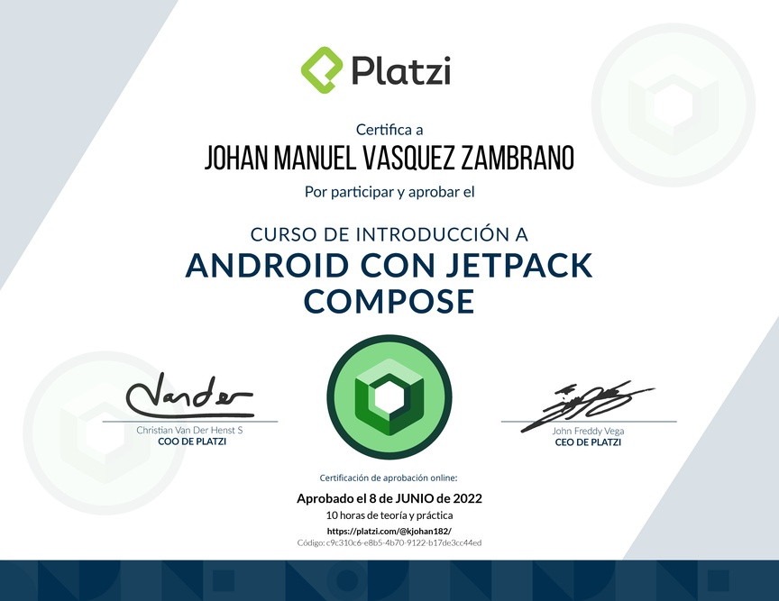 Diploma del Curso de Introducción a Android con Jetpack Compose - 2021