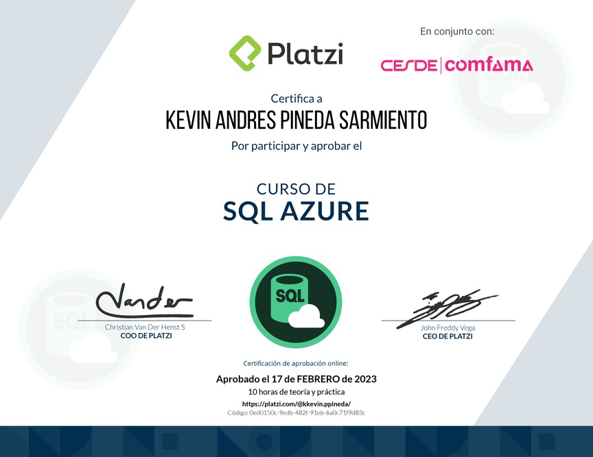 Diploma del Curso de SQL en Azure