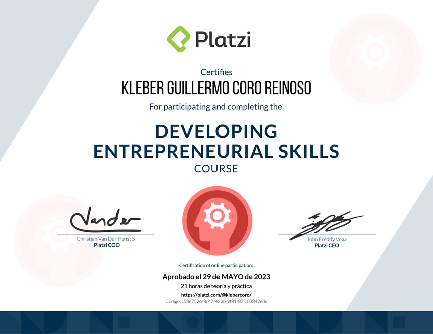Diploma del Curso de Innovación para Emprendimiento