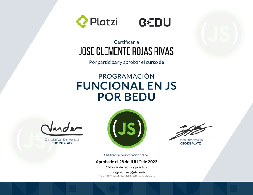 Diploma del Curso de Programación Funcional en JavaScript por Bedu