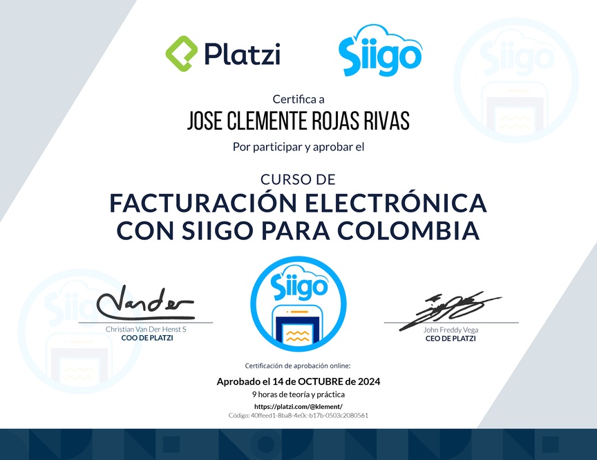 Diploma del Curso de Facturación Electrónica con Siigo para Colombia