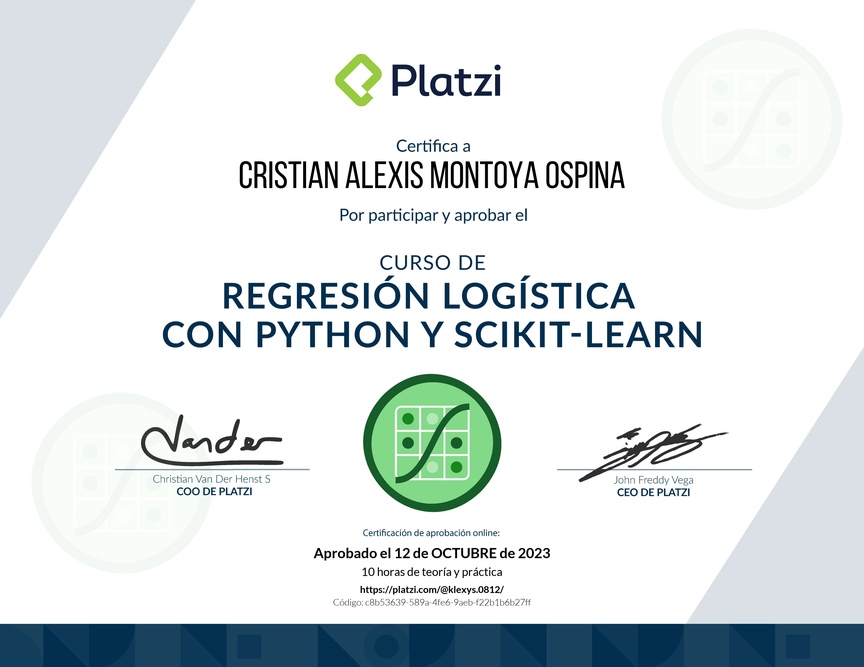 Diploma del Curso de Regresión Logística con Python y scikit-learn