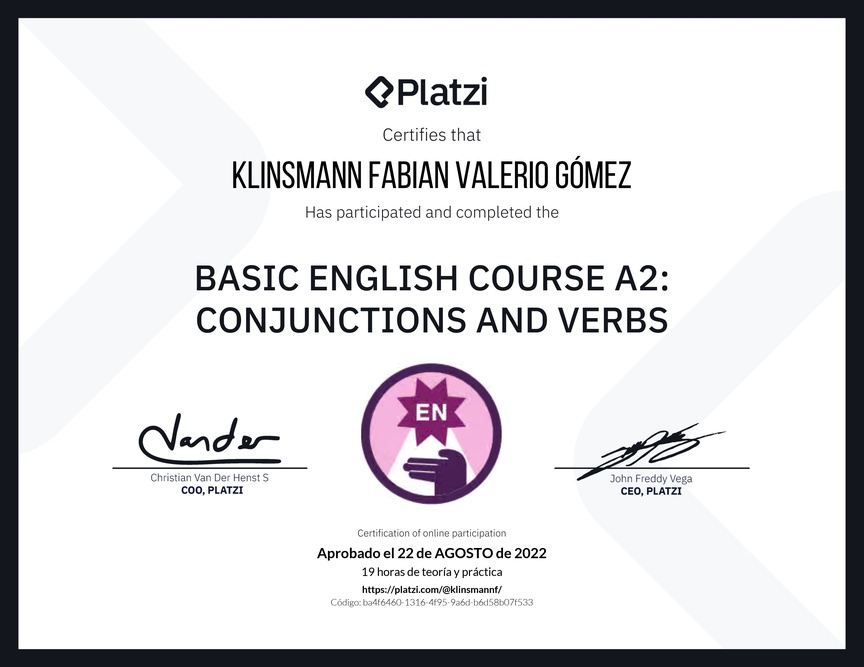Diploma del Curso de Inglés Básico A2: Conjunciones y Verbos