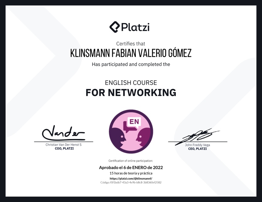 Diploma del Curso de Inglés para Networking (2021)