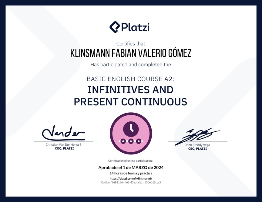 Diploma del Curso de Inglés Básico A2: Infinitivos y Presente Continuo