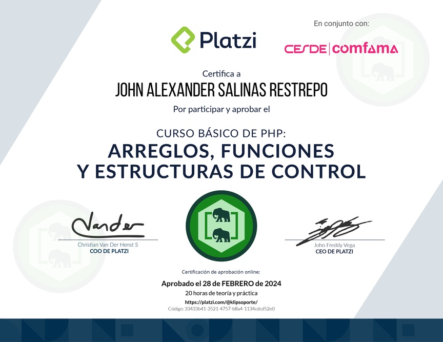 Diploma del Curso de PHP: Arreglos, Funciones y Estructuras de Control