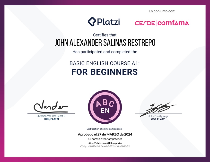 Diploma del Curso de Inglés Básico para Principiantes - (2022)