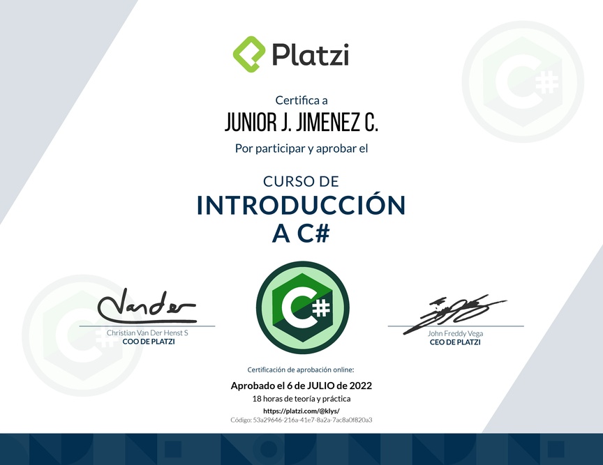 Diploma del Curso de Introducción a C# con .NET 3.1