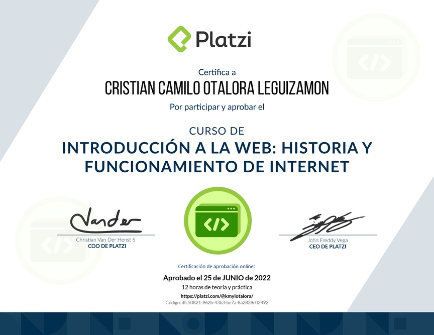 Diploma del Curso de Introducción a la Web: Historia y Funcionamiento de Internet