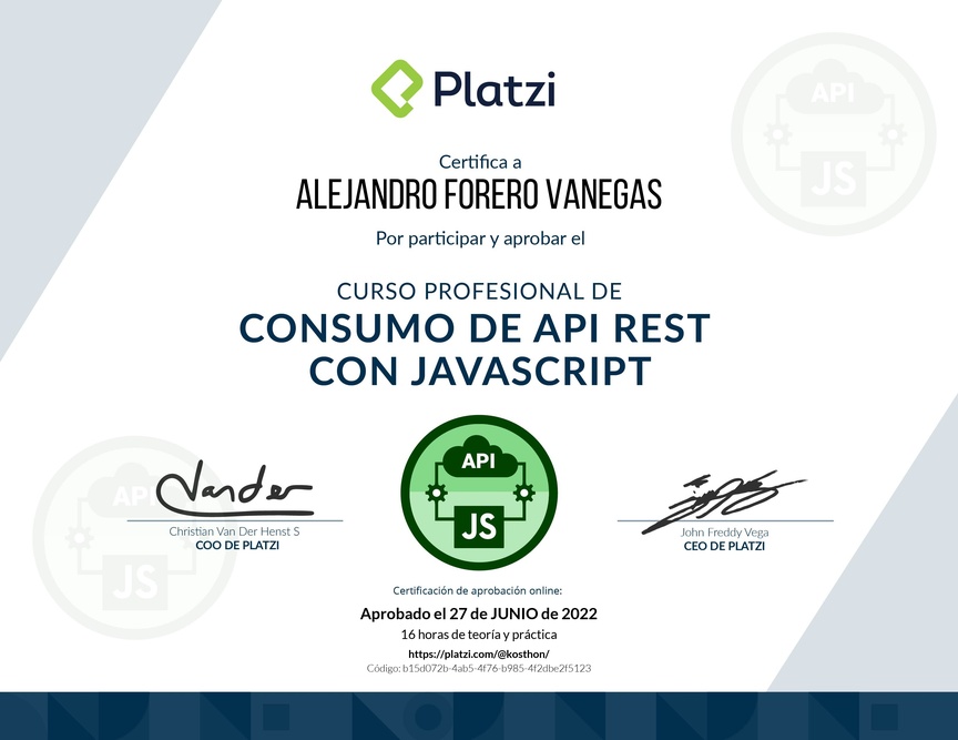 Diploma del Curso de API REST con Javascript: Performance y Usabilidad
