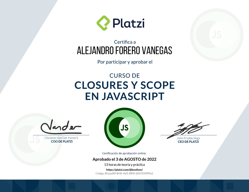 Diploma del Curso de Closures y Scope en JavaScript