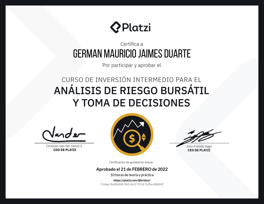 Diploma del Curso de Inversión Intermedio para el Análisis de Riesgo Bursátil y Toma de Decisiones