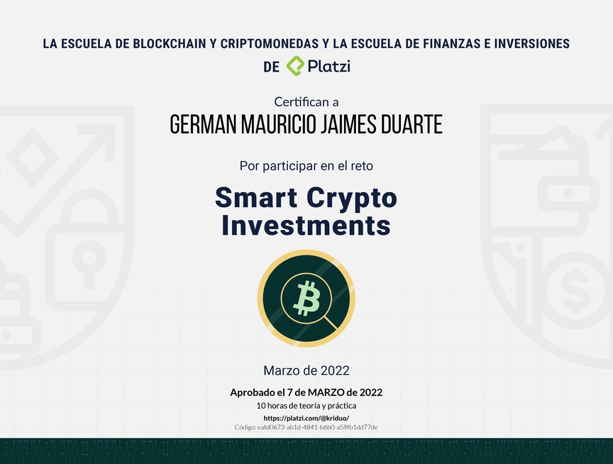 Diploma de Smart Crypto Investments By Platzi