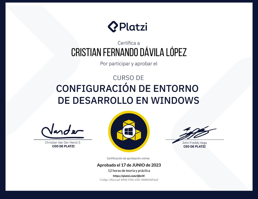 Diploma del Curso de Configuración de Entorno de Desarrollo en Windows