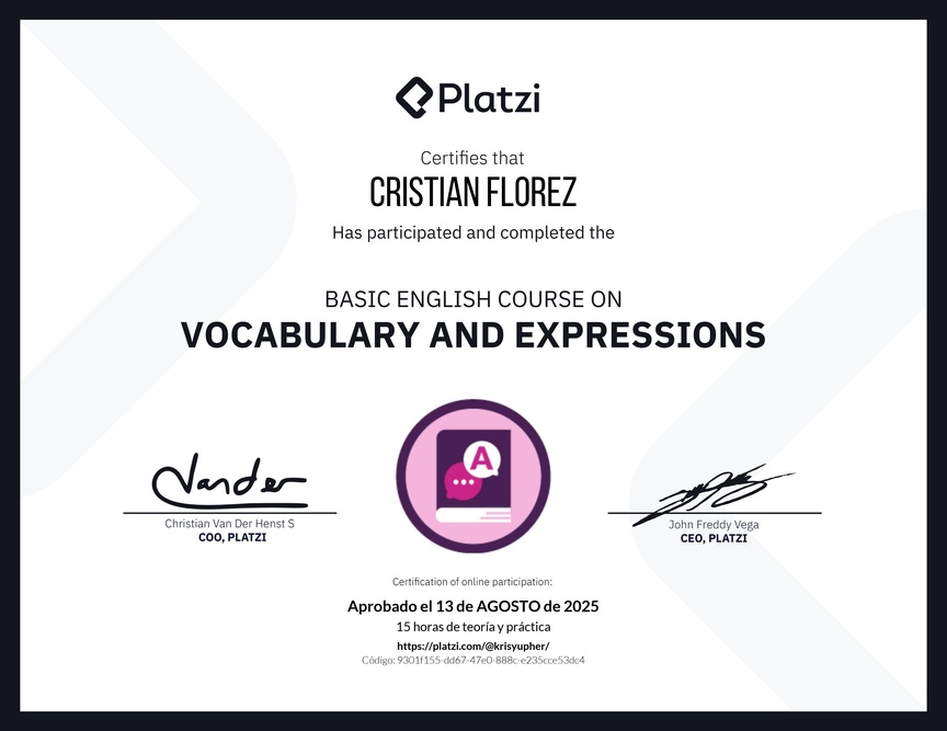 Diploma del Curso Básico de Vocabulario y Expresiones en Inglés
