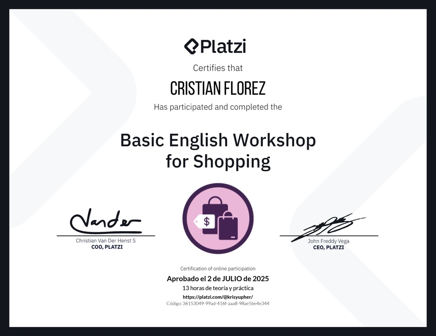 Diploma del Curso de Inglés Práctico para Compras