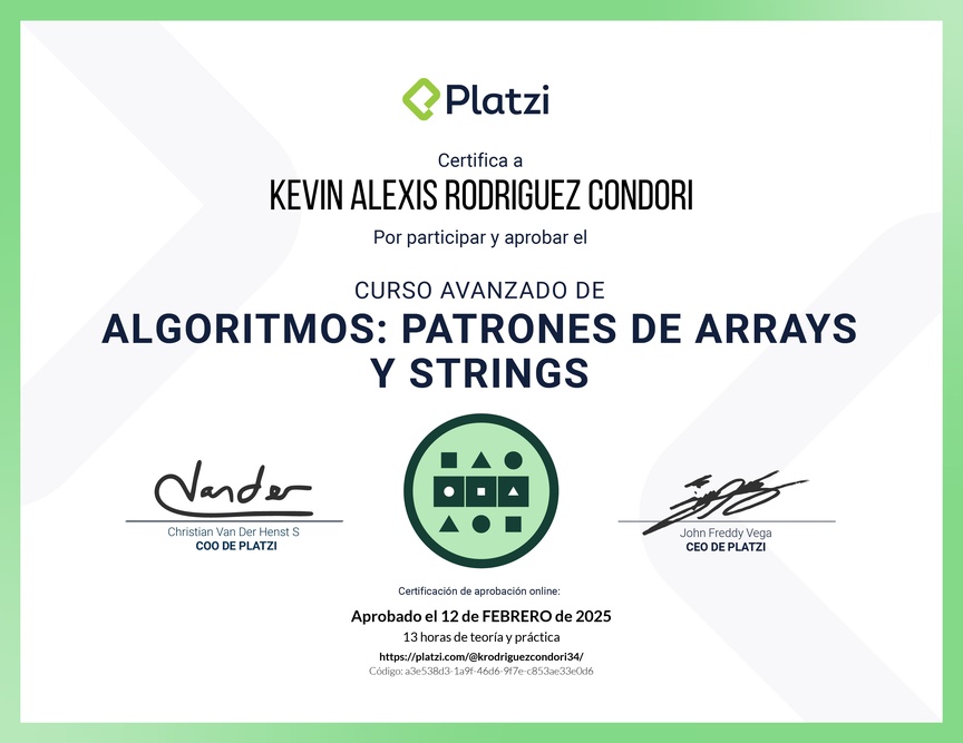 Diploma del Curso de Algoritmos Avanzados: Patrones de Arrays y Strings