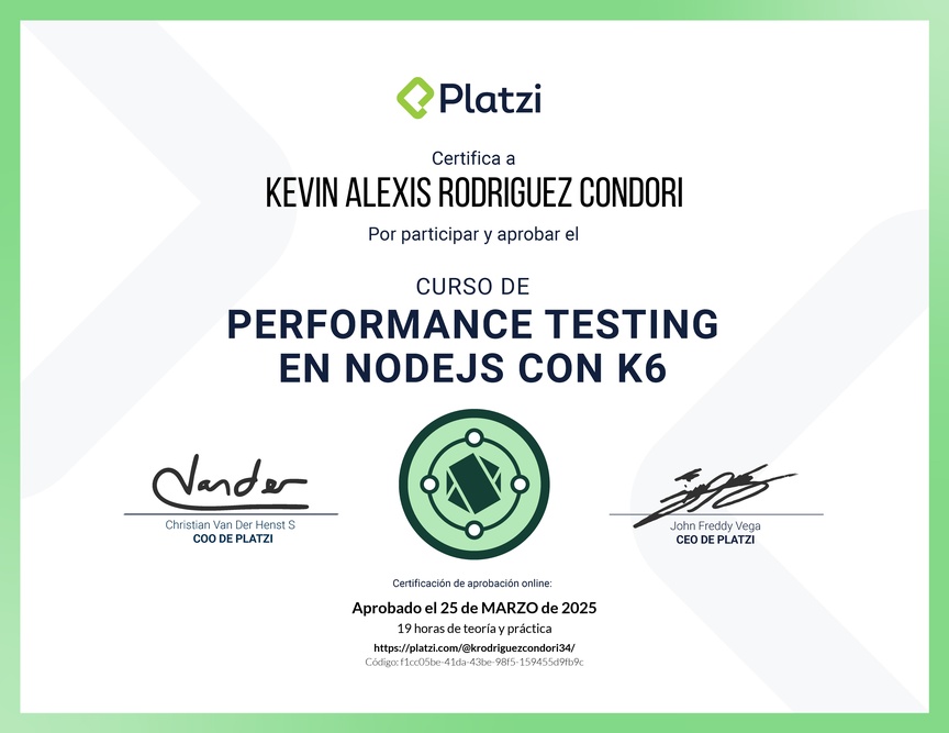 Diploma del Curso de Performance Testing en Node.js con K6