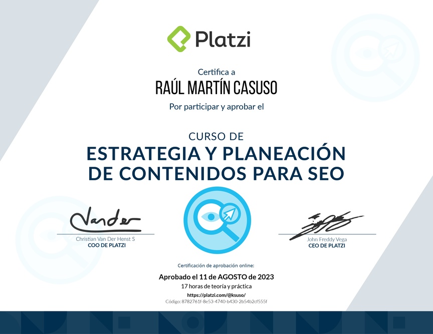 Diploma del Curso de Estrategia y Planeación de Contenidos para SEO (2020)
