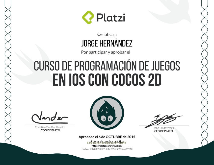 Diploma del Curso de Programación de Juegos en iOS usando Cocos2D