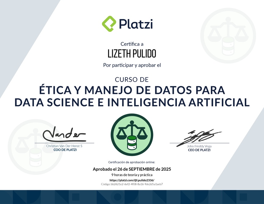 Diploma del Curso de Ética y Manejo de Datos para Data Science e Inteligencia Artificial